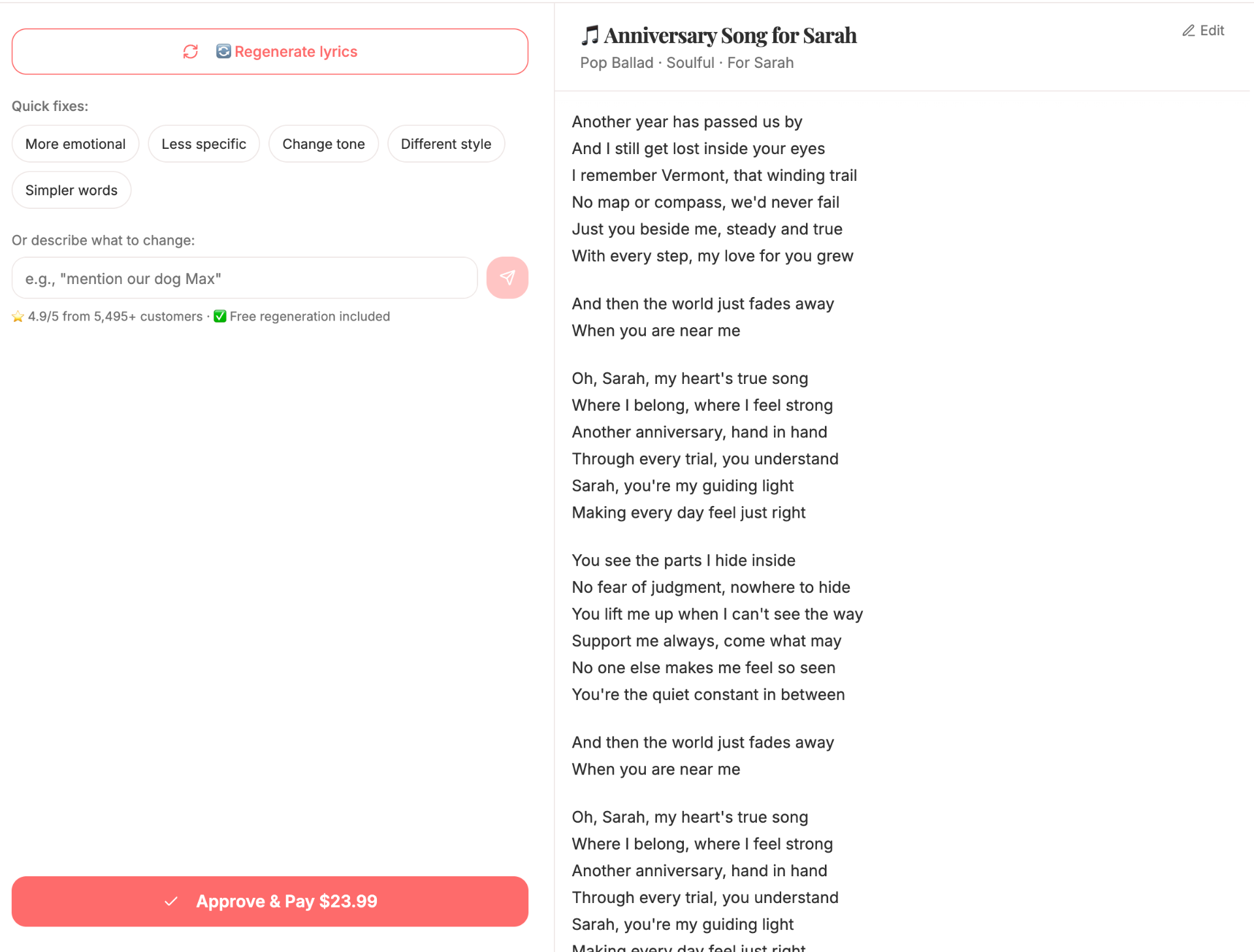 YourSongBox lyrics editor showing editable personalized lyrics