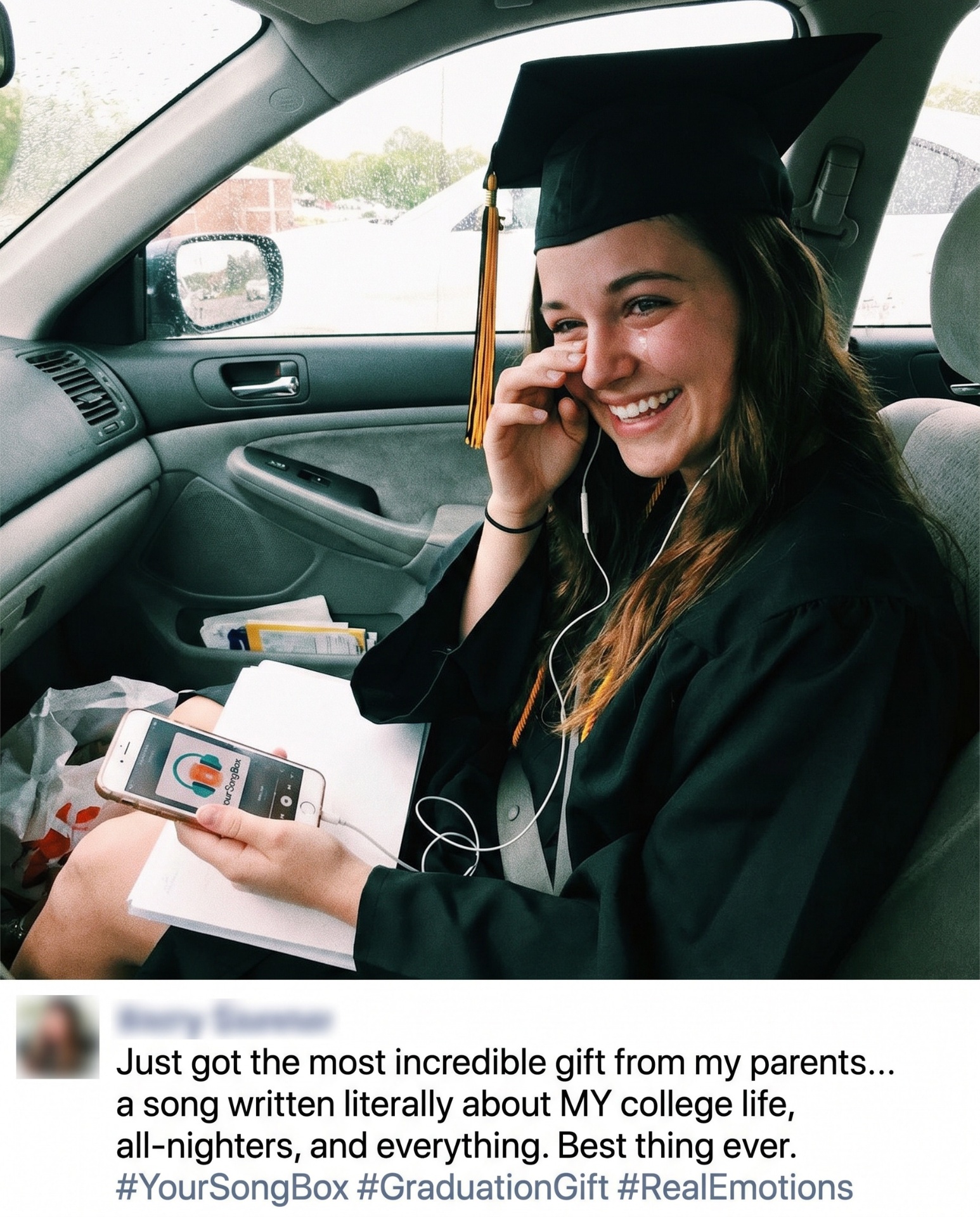 A graduate celebrating with family